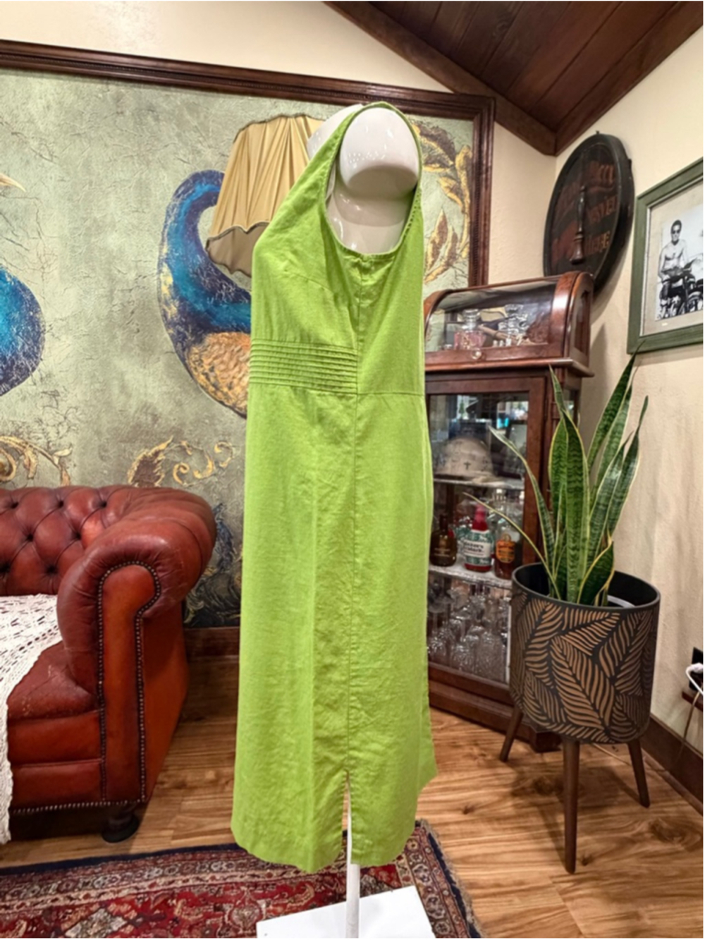 VTG MHM Melissa Harper Linen Blend Maxi Dress Green Pleated Empire Waist Sz 10 - Picture 4 of 11